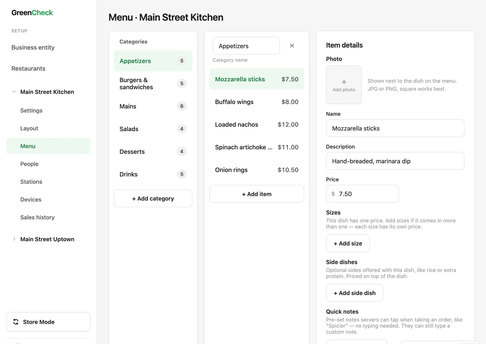 Editing a menu item with sizes, side dishes and quick notes